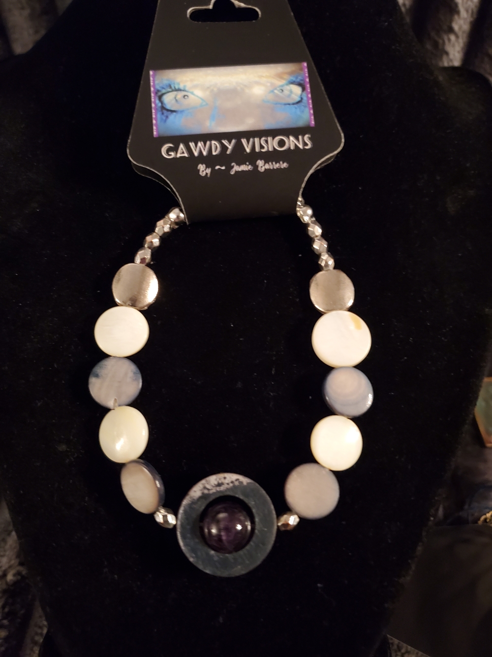 Handcrafted Women's White and Gray Bead Necklace with Dark Center Accent